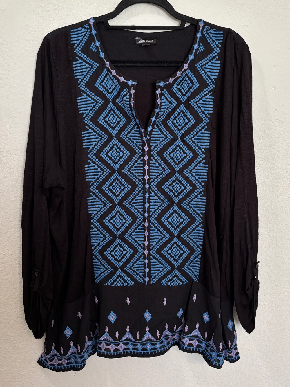 Lucky Brand Black Blue Boho Embroidered Peasant Top Size 2X